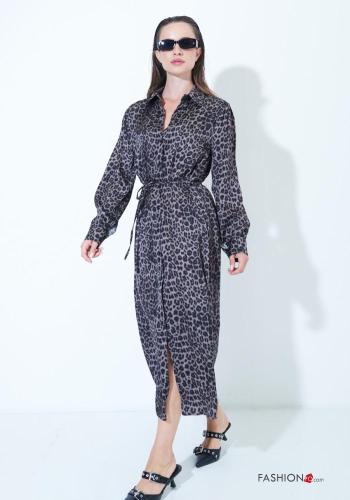 Animal print long sleeve Shirt dress with buttons with fabric belt