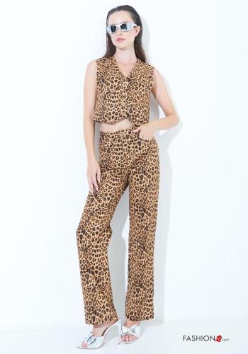 Pantalone in Cotone Fantasia animalier con bottoni con tasche