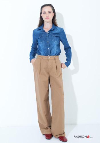 Pantalone in Cotone wide leg con tasche con bottoni con zip