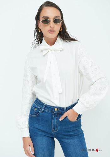 Chemise en Coton détail dentelle manches longues à boutons avec noeud - ph 1