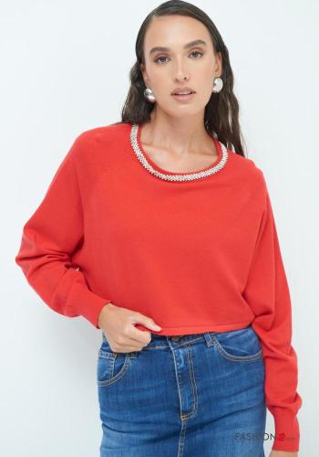 Maglione corto maniche lunghe girocollo con strass - ph 1