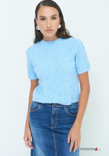 Camisola manga curta gola redonda Padrão bordado com strass - ph 1