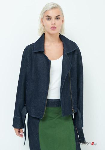 Denim mit schnalle Bikerjacke aus Baumwolle mit Reißverschluss mit stoffgürtel - ph 1