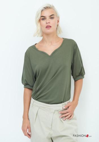 puff sleeve short sleeve T-shirt with v-neck - ph 1