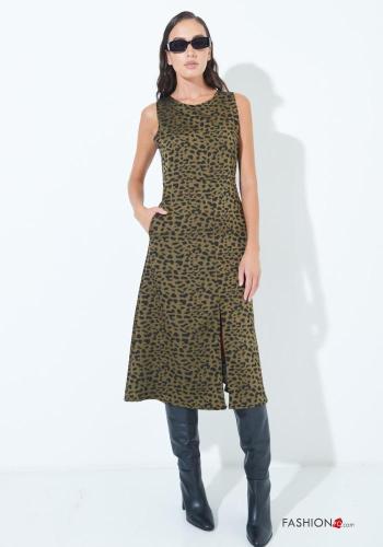 Animal print sleeveless crew neck Dress with pockets with split