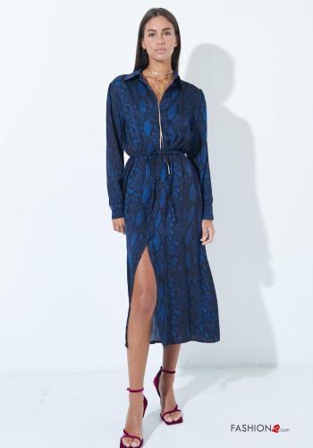 Snake print long sleeve with collar Shirt dress with buttons with fabric belt - ph 1