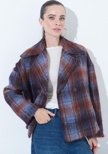 Cappotto in Misto Lana maniche lunghe con colletto Fantasia quadrettata vichy con bottoni - ph 1