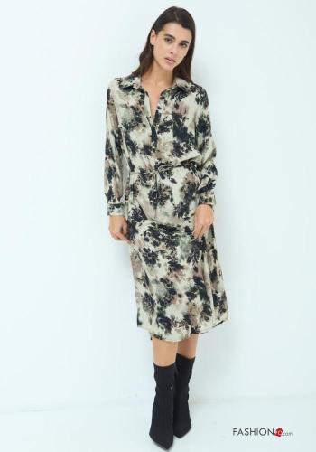 Floral with collar Shirt dress with buttons with fabric belt