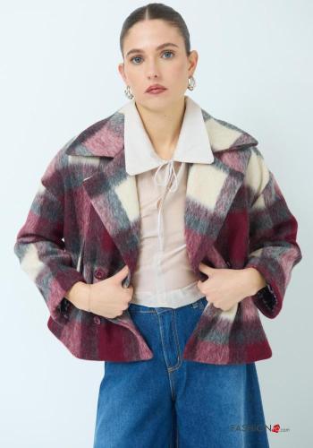 Manteau en Mélange de Laine courte à collet manches longues Imprimé vichy avec poches avec doublure à boutons - ph 1