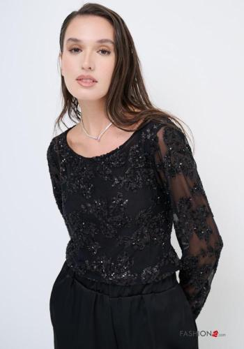 Embroidered tulle long sleeve Blouse with sequins with lining - ph 1