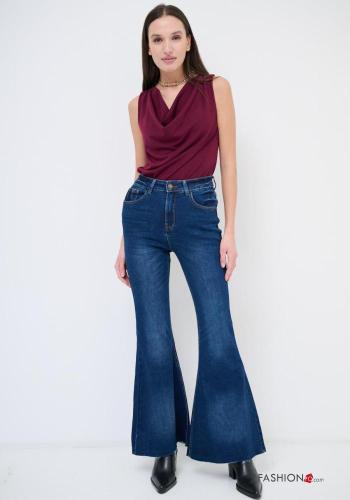 denim flared Cotton Jeans with buttons with zip with pockets