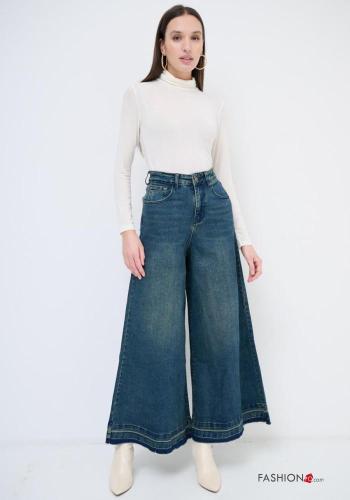 Jeans in Cotone wide leg denim vita alta con tasche con bottoni con zip