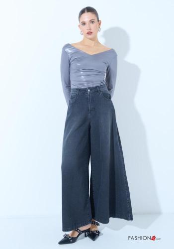 Jeans in Cotone denim con tasche con bottoni con zip