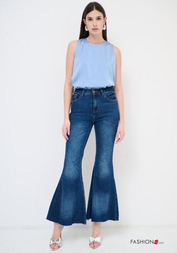 flared Cotton Jeans with buttons with zip with pockets