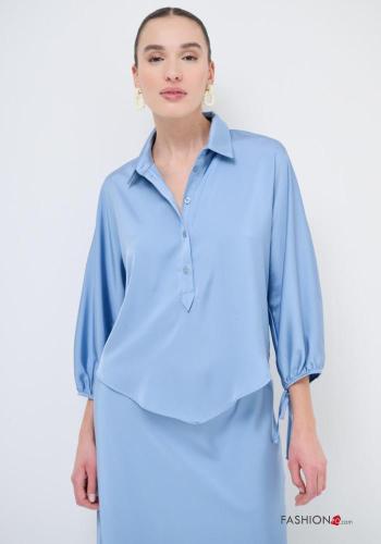 Blouse manches longues satin à collet à boutons avec noeud