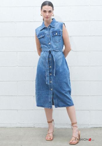 sleeveless with collar denim Cotton Dress with buttons with fabric belt with pockets - ph 1