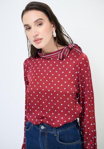 Blusa cetim manga comprida Padrão bolas com laço - ph 1