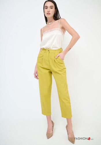high waist Cotton Trousers with buttons with zip with pockets