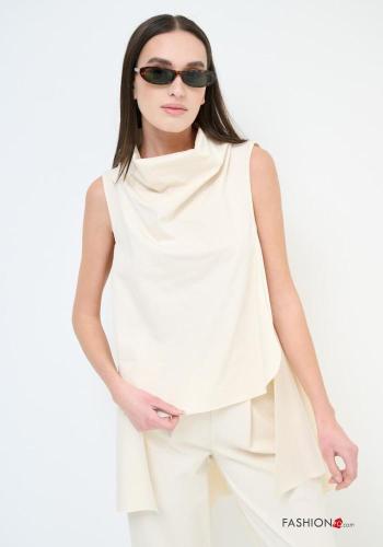 sleeveless asymmetrical Cotton Blouse Rollneck