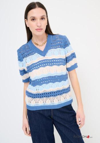 Maglione in Cotone maniche corte uncinetto Fantasia ricamata scollo a V
