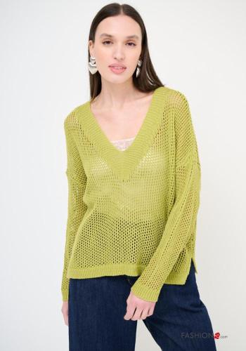 Maglione in Cotone maniche lunghe a rete scollo a V