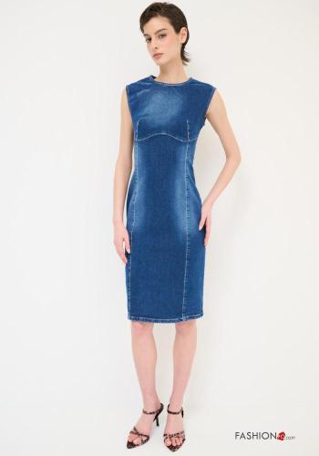 Abito in Cotone a tubino girocollo denim senza maniche con zip con spacco