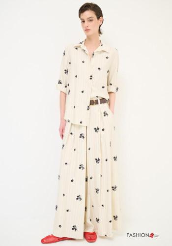 Pantalon wide leg à broderie avec ceinture avec poches
