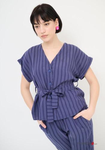 Blusa maniche corte Fantasia righe scollo a V con cintura in stoffa - ph 1