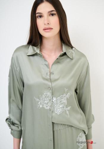 Chemise manches longues à collet à broderie à paillettes à boutons