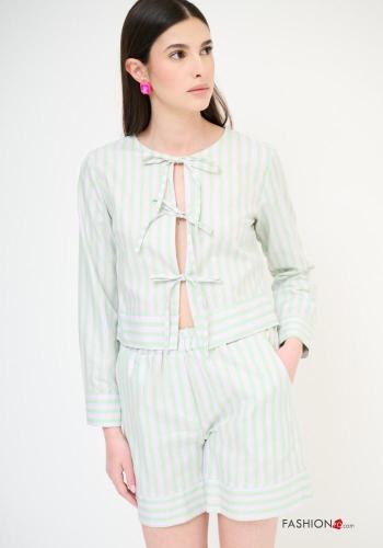 Striped long sleeve crew neck Cotton Blouse with bow - ph 1