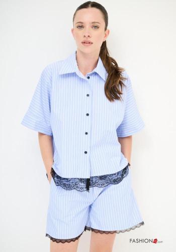 Camisa de Algodón encaje con cuello a rayas con botones manga tres cuartos - ph 1
