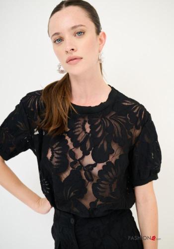 Embroidered crew neck short sleeve puff sleeve lace trim Cotton Blouse - ph 1