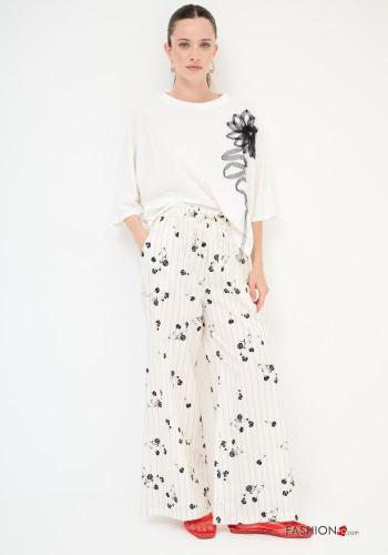 Pantalone in Cotone wide leg Fantasia stampata con tasche con elastico