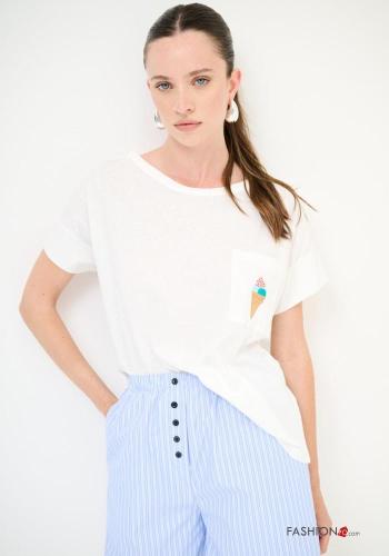 T-shirt in Cotone maniche corte girocollo Fantasia ricamata