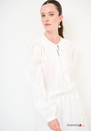 Blusa in Cotone girocollo pizzo maniche lunghe Fantasia ricamata con fiocco