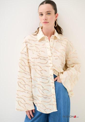 Chemise en Coton manches longues à collet à paillettes à boutons