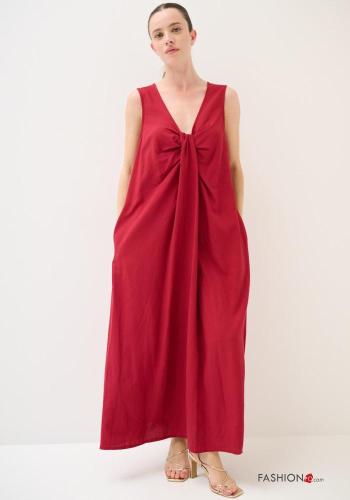 Oversize Kleid aus Leinen mit Taschen tiefer ausschnitt mit knoten mit V-Ausschnitt