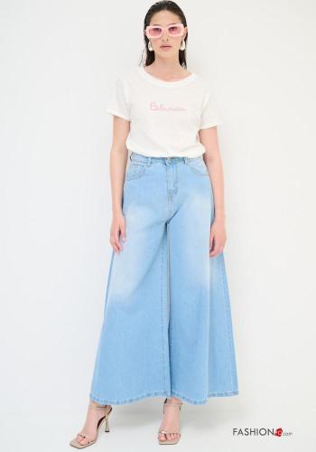 Jeans in Cotone wide leg denim vita alta con tasche con bottoni con zip