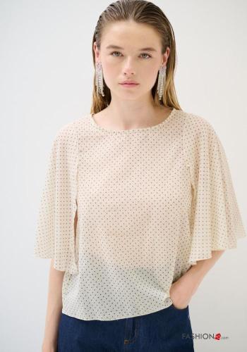 Blusa in Cotone maniche volant girocollo Fantasia pois maniche a tre quarti