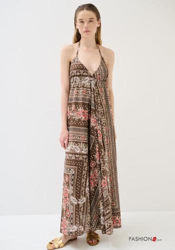 Paisley-print backless long sleeveless adjustable Cotton Dress plunging neckline