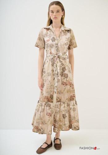 Floral short sleeve with collar Cotton Shirt dress with flounces with fabric belt with buttons