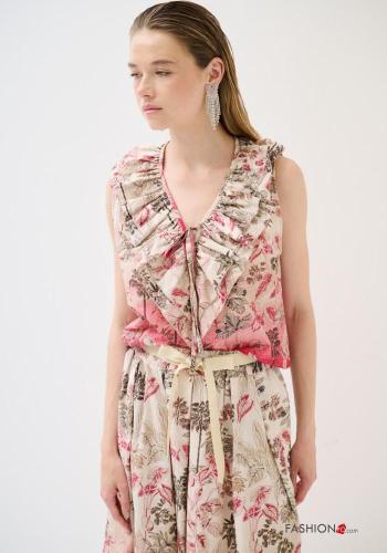 Top in Cotone senza maniche Fantasia floreale con balze scollo a V