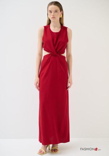 long crew neck sleeveless backless Linen Dress with knot