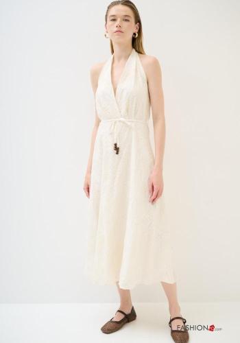 Embroidered adjustable backless Cotton Dress plunging neckline