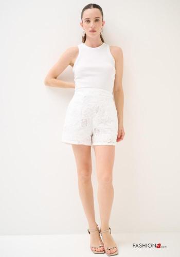 Pantaloncino Short in Cotone pizzo vita alta Fantasia ricamata con tasche con zip