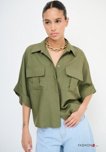 Camicia in Lino maniche corte con colletto con bottoni con tasche