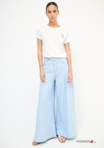 hoher Taille wide leg Jeans aus Baumwolle mit Knöpfen mit Reißverschluss mit Taschen