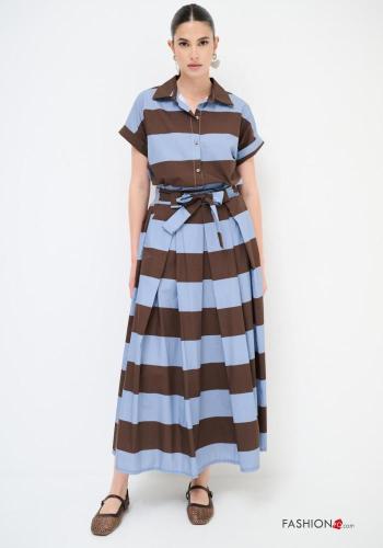 Striped full Cotton Skirt with fabric belt with elastic with pockets - ph 1