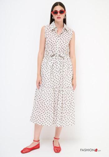 Robe en Coton sans manches à collet imprimé à boutons avec ceinture en tissu