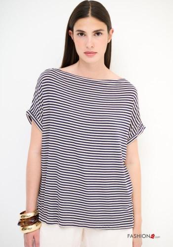 T-shirt in Lino girocollo oversize maniche corte Fantasia righe
